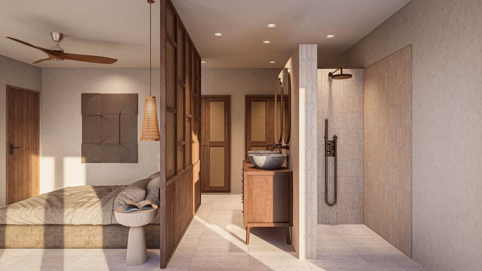 Open badkamer in riante slaapkamer in villa Javea Spanje