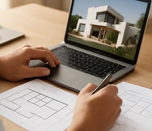 villa spanje ibiza stijl intro 3 bouwtekening en laptop voor ontwerp Spaanse villa