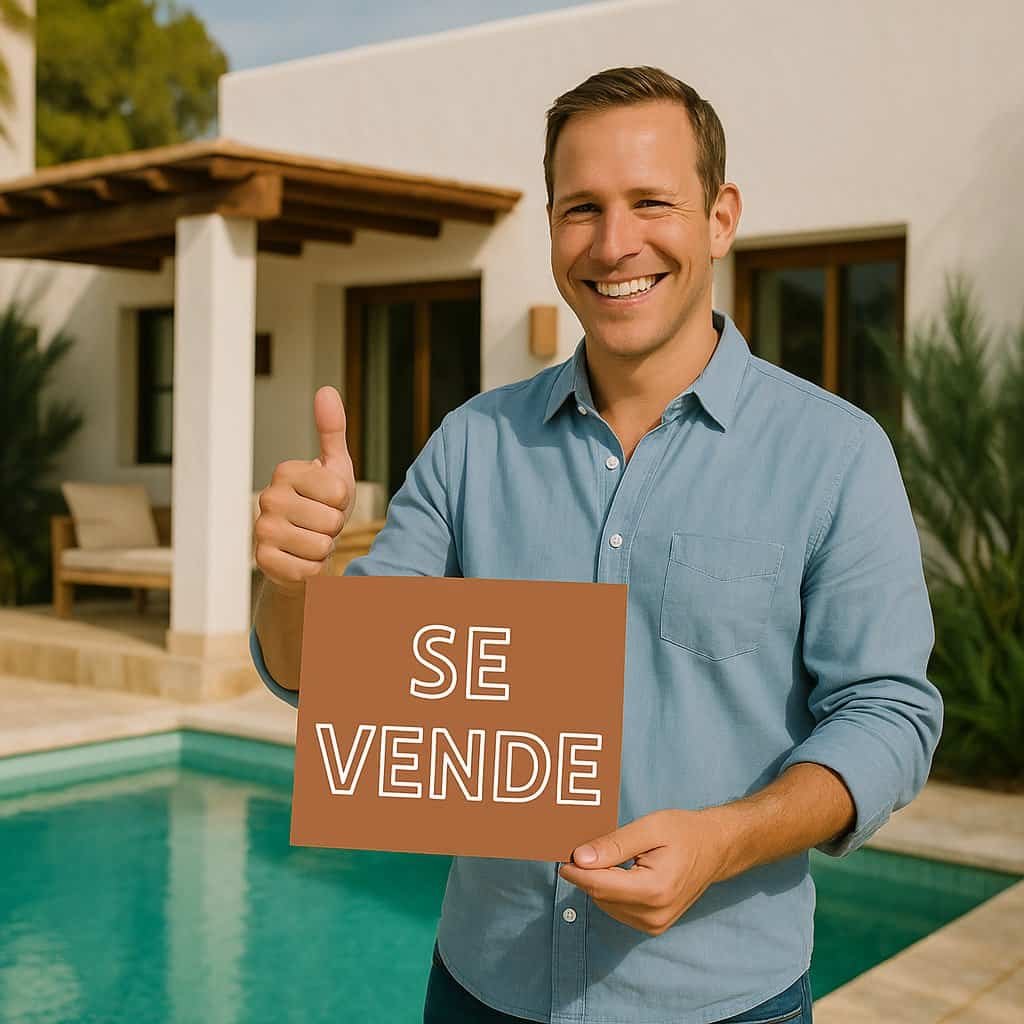 makelaar met verkoopbord woning in spanje
